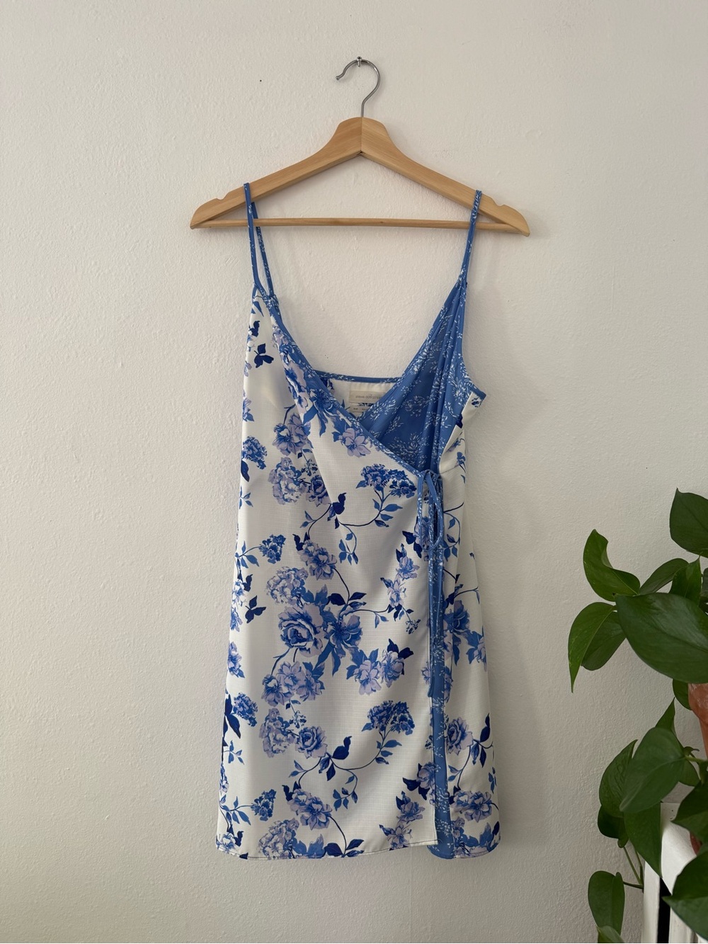 Urban Outfitters White and Blue Floral Satin Chemise